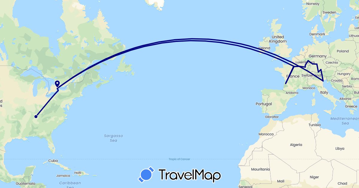 TravelMap itinerary: driving in Canada, Germany, France, Italy, United States (Europe, North America)